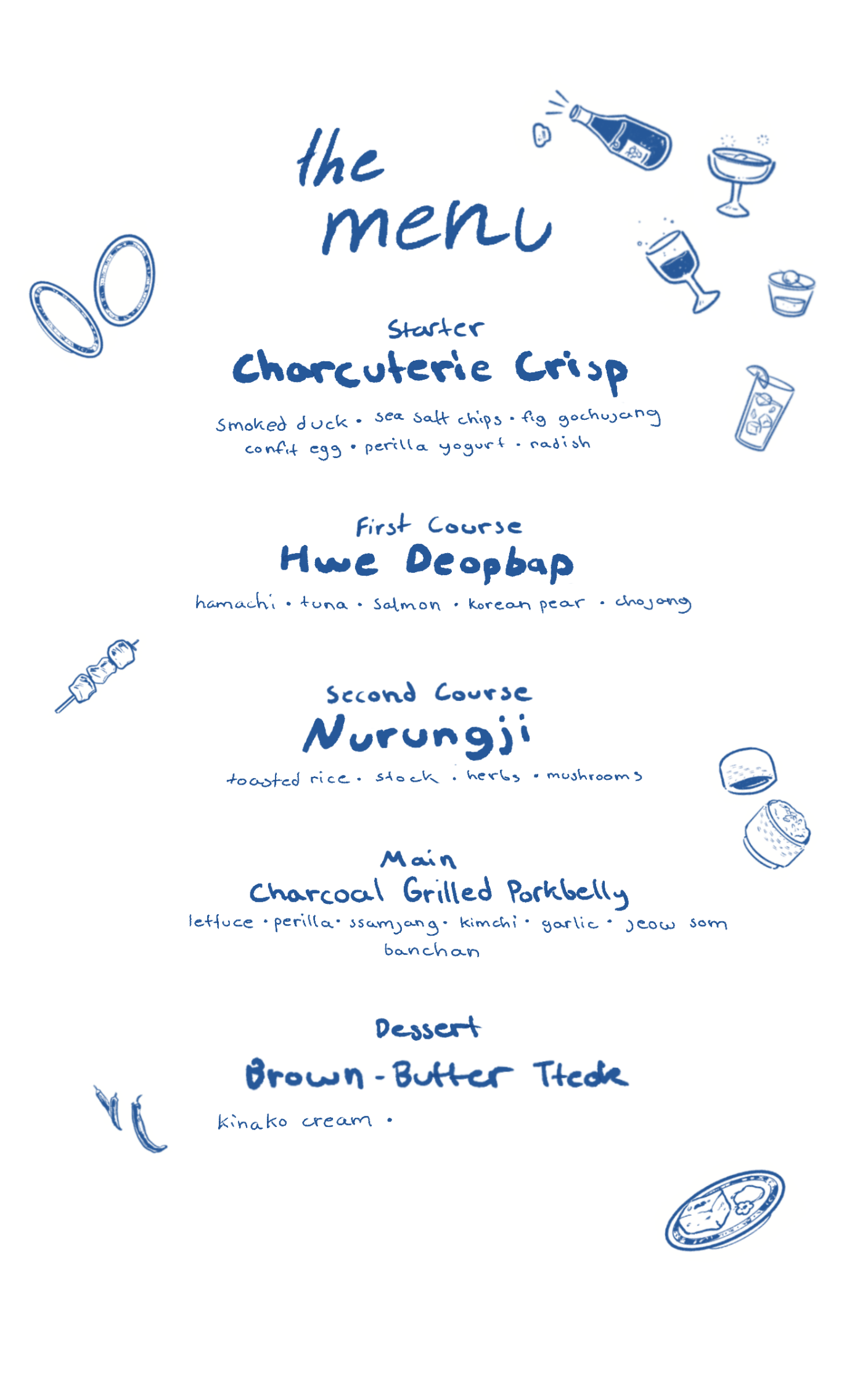 Hand-drawn blue-ink five-course menu with small food and drink illustrations.