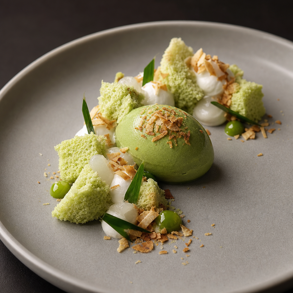 Reference plating for pandan chiffon, coconut mousse, and matcha ice cream dessert