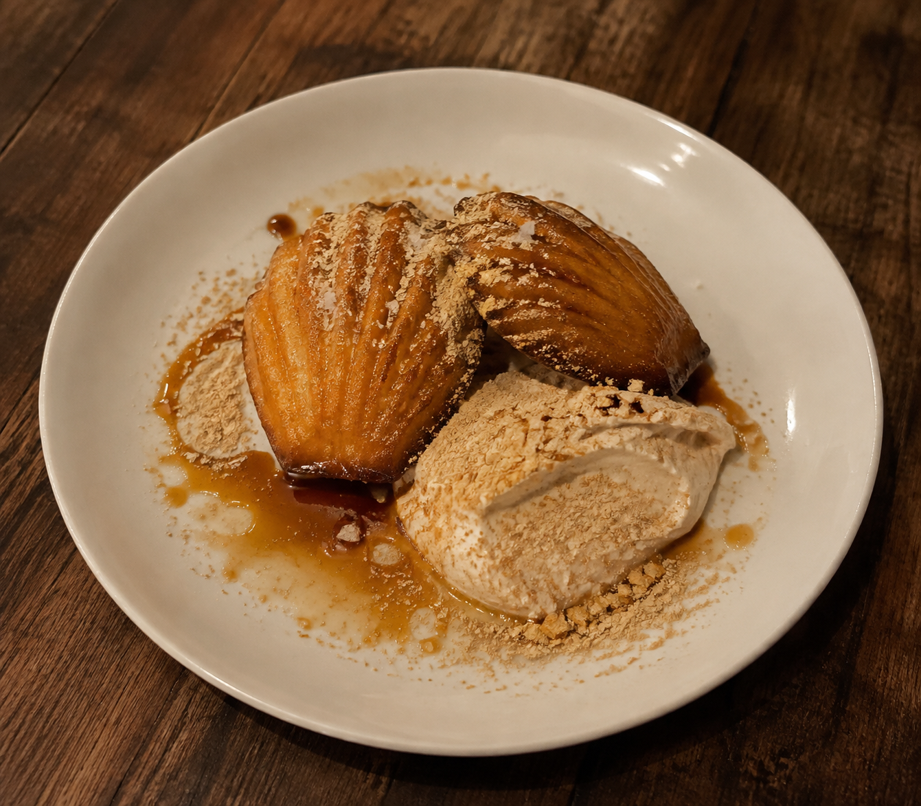 Rustic plating reference with two golden shell-shaped brown-butter tteok, spooned kinako cream, caramel, and kinako dust